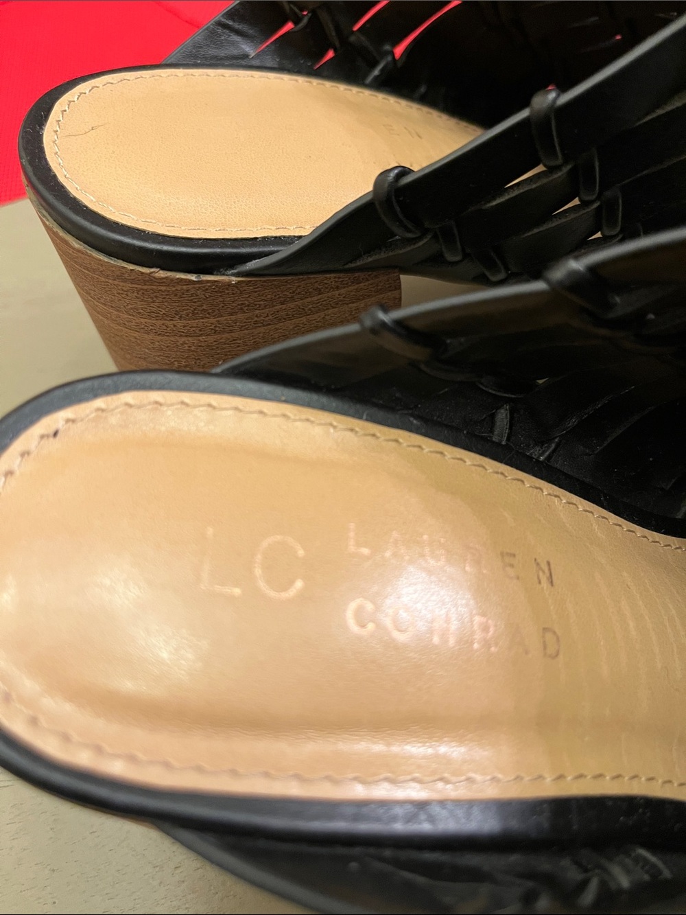 LC Lauren Conrad Black Woven Leather Block Heel Mules with Tan Insole